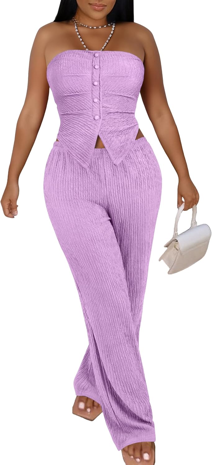 LovelyWholesale Sexy 2 Piece Outfits for Women Textured Tube Top and High Waist Wide Leg Pant Set