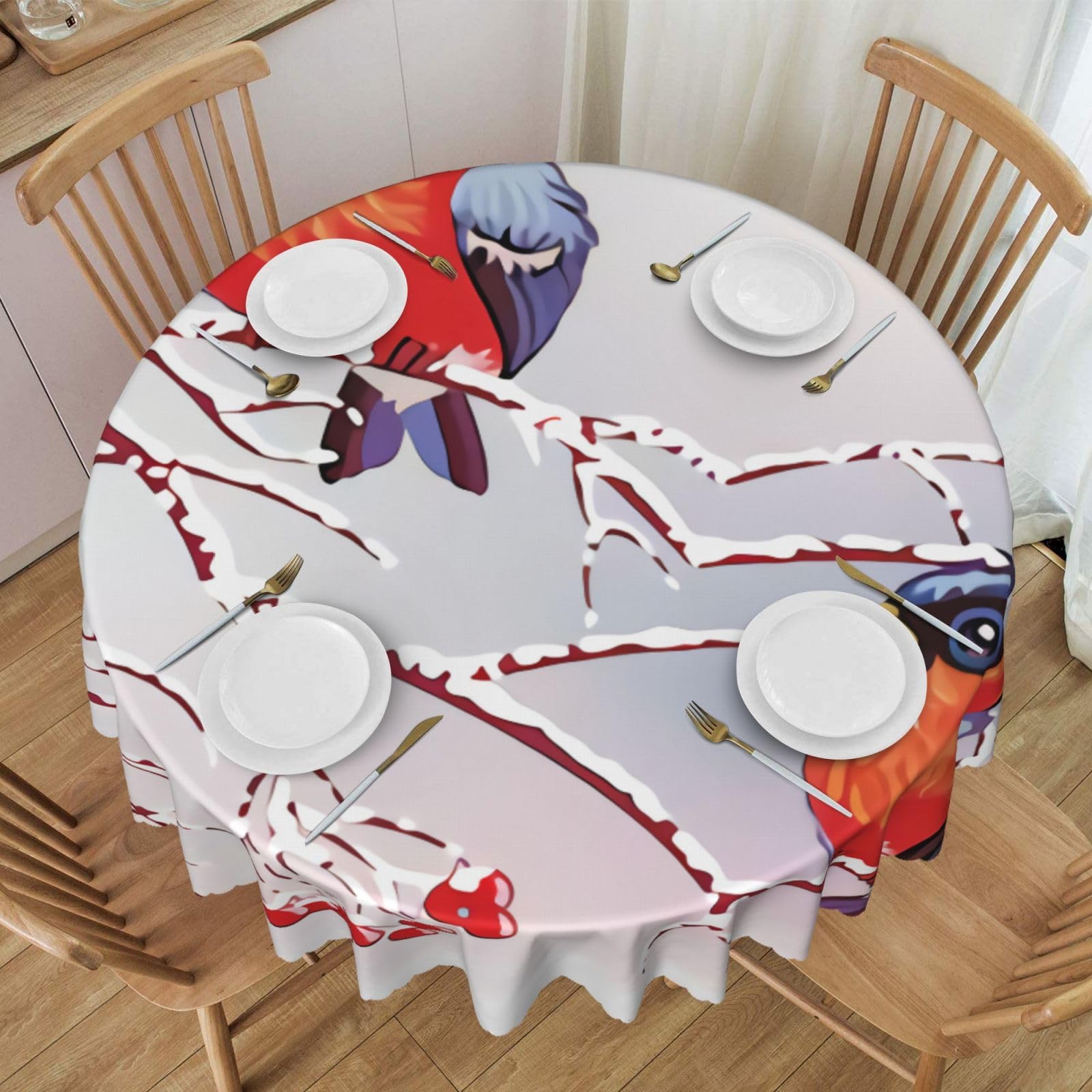 DCEHGEW 60 In Round Tablecloth with Lace, Winter Bird on Branch Printed Oilproof & Washable Fabric Picnic Table Cloth Table Covers