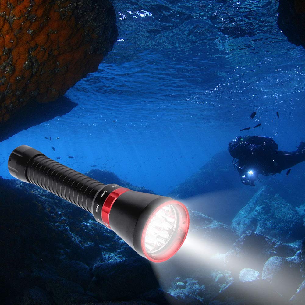 Garosa Torcia Subacquea 100M, Torcia Elettrica Alta Luminosità 18000LM per Attività Subacquee e All'aperto, Lampada Subacquea Resistente Impermeabile (Rosso)