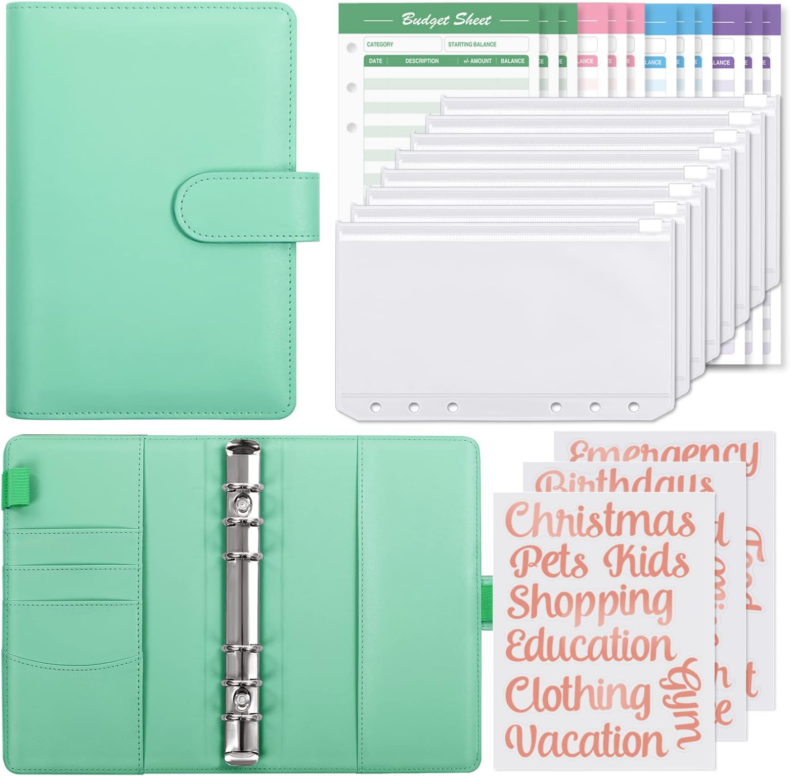 SKYDUE Budget Binder with 8pcs Zipper Envelopes,Money Organizer for Cash with 12pcs Expense Budget Sheets & 24 Rose Gold Sticky Labels,Budget Organizer for Cash