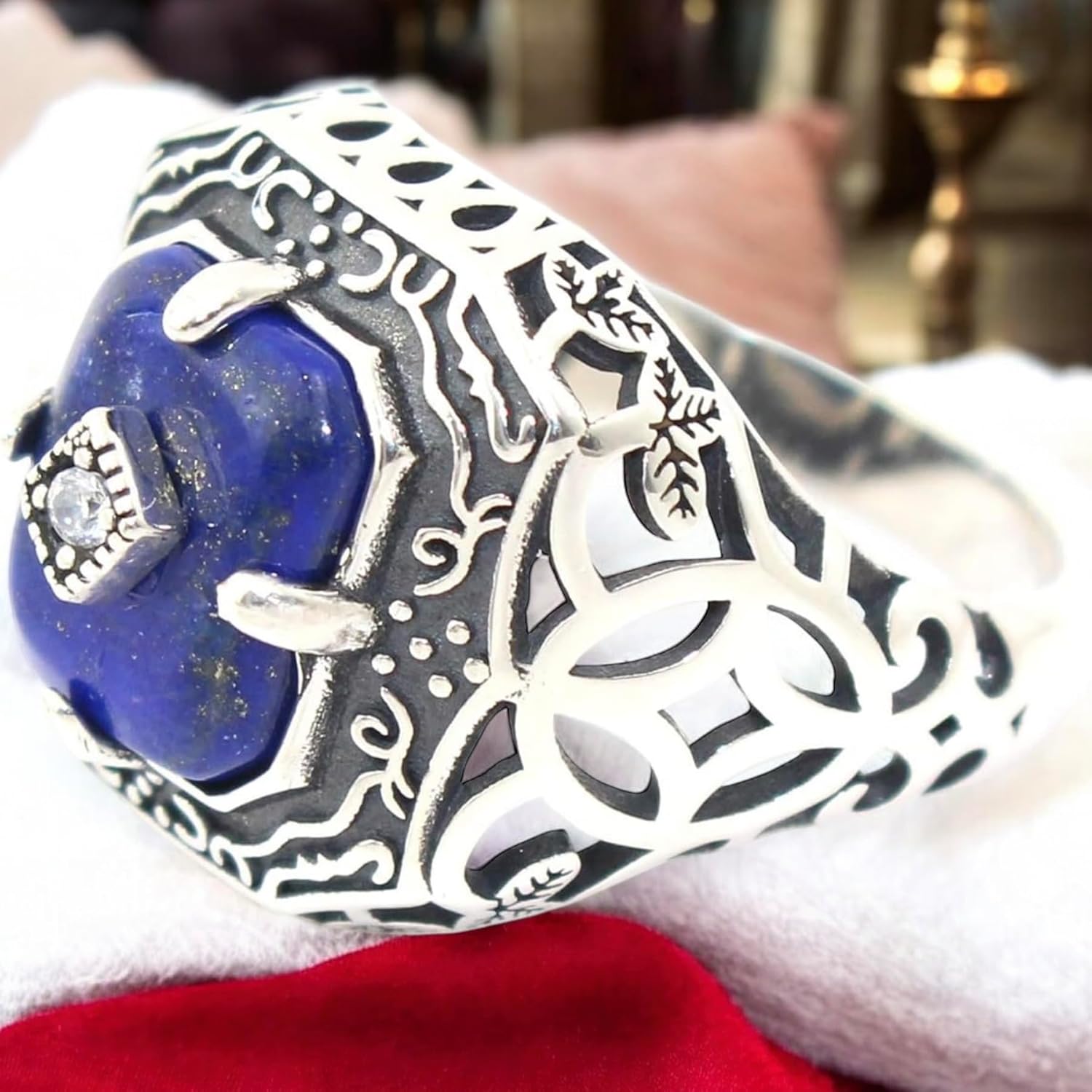 PRINCESS CUTENESS STORE Caroline Forbes 925 Sterling Silver Vampire Daywalking Anti-Sunlight Natural Lapis Lazuli Stone Ring