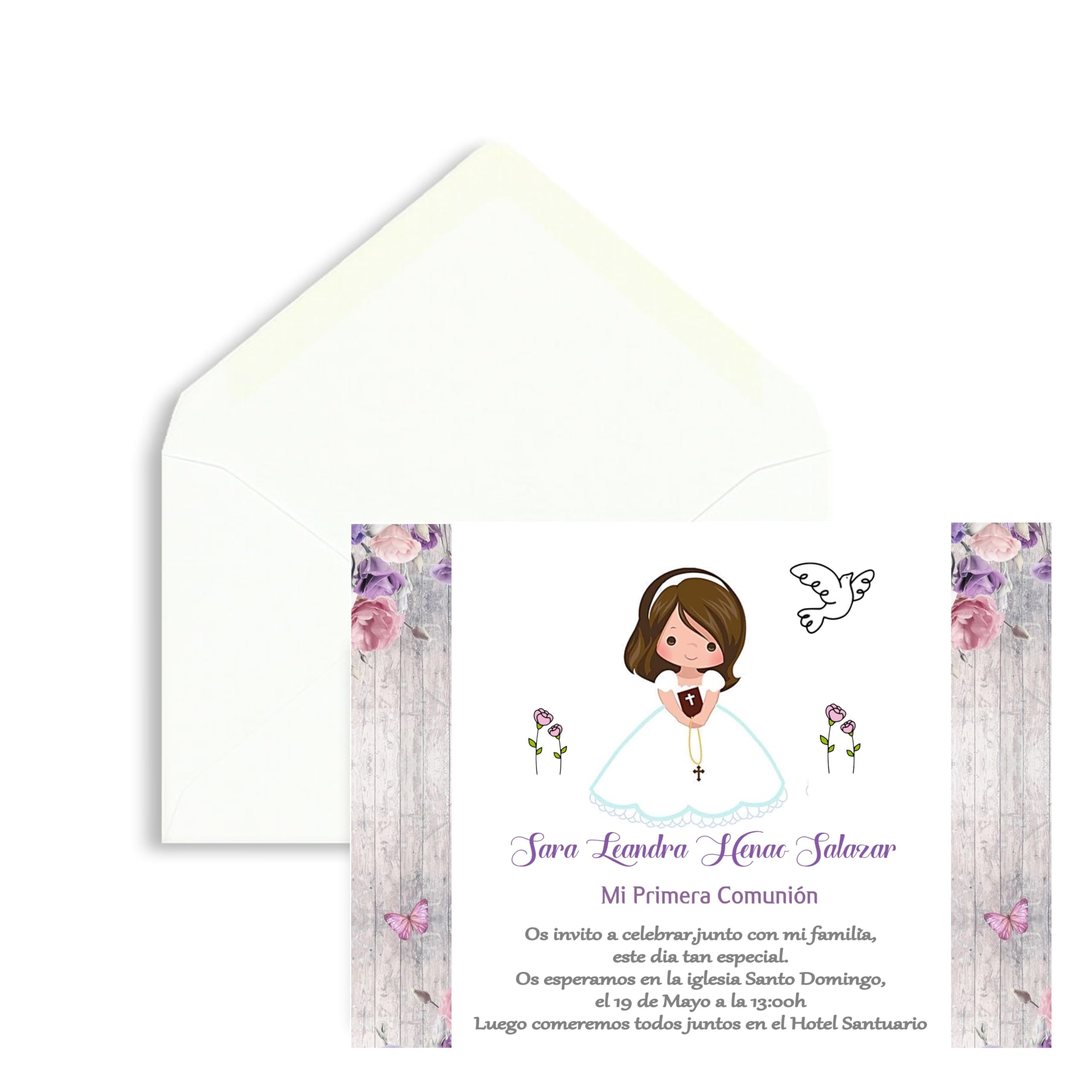 Invitación Comunión Niña. Pack 32. Unidades. Recuerdo de Comunión Niña. Detalles Invitados Hecho en España. (LILA, NIÑA 1)