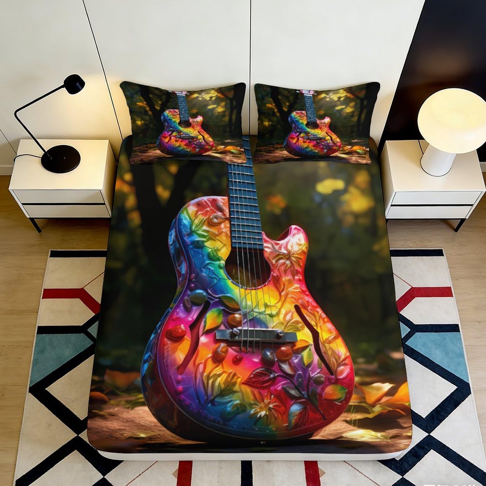 Uxinyoume Style-1 3D Printed Colorful Guitar Fitted Sheet Microfiber Soft Anti-Slip Artistic Music Bed Sheet For Bedroom Dorm Decor 90X200x25cm