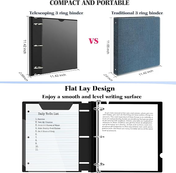 INFUN 1.5 Inch Telescoping 3 Ring Binder - 6PCS, Flexible Round Binder with Customizable Front Cover and Clear Catalog Pocket, 1.5Inch Rings, BlackPerfect for School, Office & Home