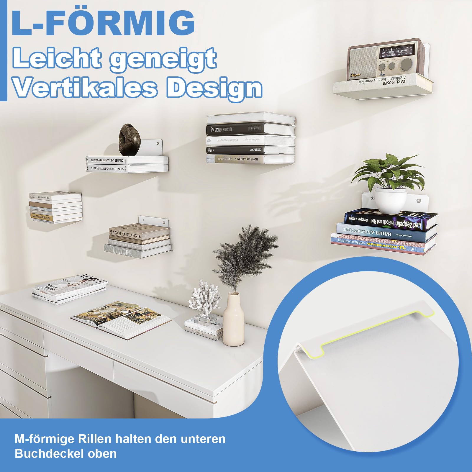 FENTEC Schwebende Bücherregale, Schwebendes Bücherregal für die Wand, Unsichtbare Bücherregale, Verstecktes Bücherregal aus Metall für das Schlafzimmer, Dekoration im Heimbüro, 6er Set, Weiß