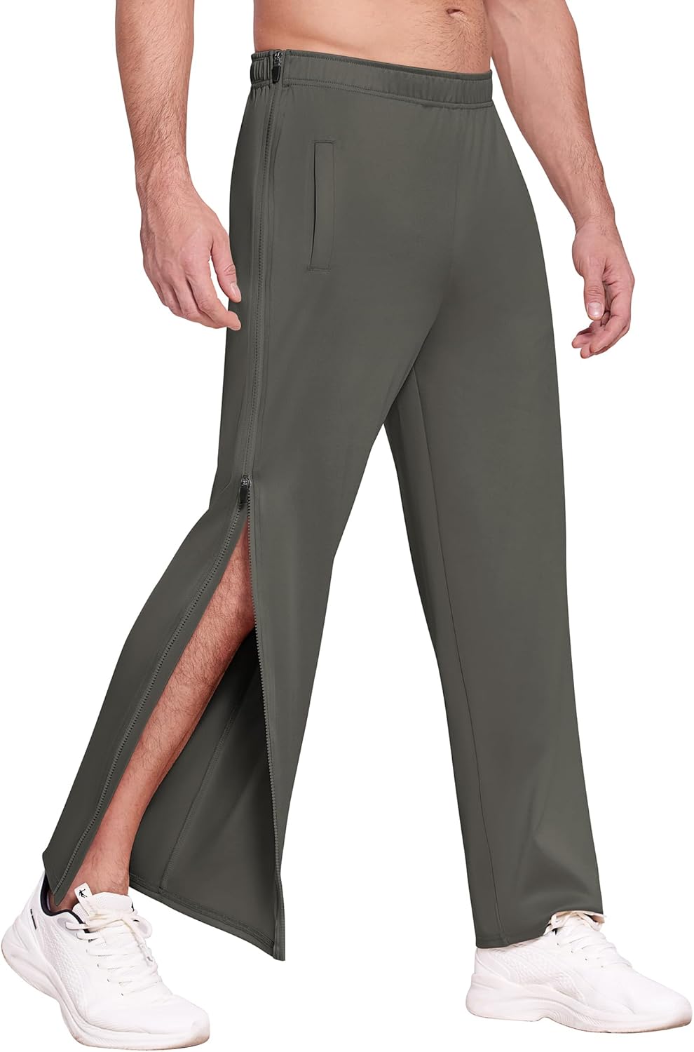 Deyeek Mens Tear Away Basketball Pants 2 Side Zippers Snap Off Full Open Down Sweatpants Leg Post Surgery Pant with Pockets