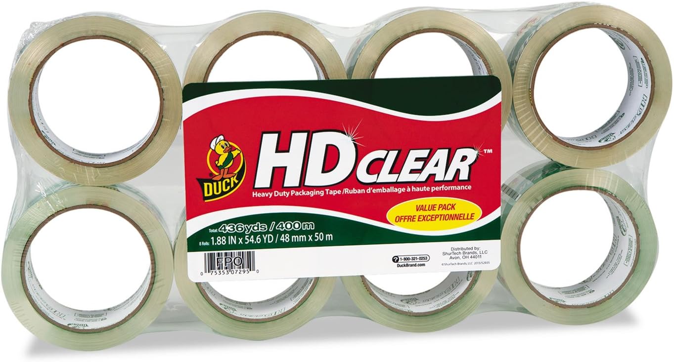 Duck Brand HD Clear Heavy Duty Packaging Tape; 1.88 Inches x 54.6 Yards, Clear, 8 Pack (282195)