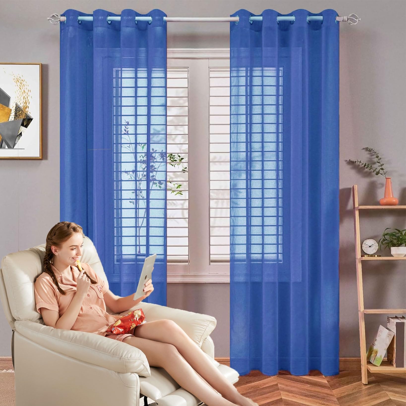 Voile rideau à oeillets en polyester demi transparent bleu foncé 250x150