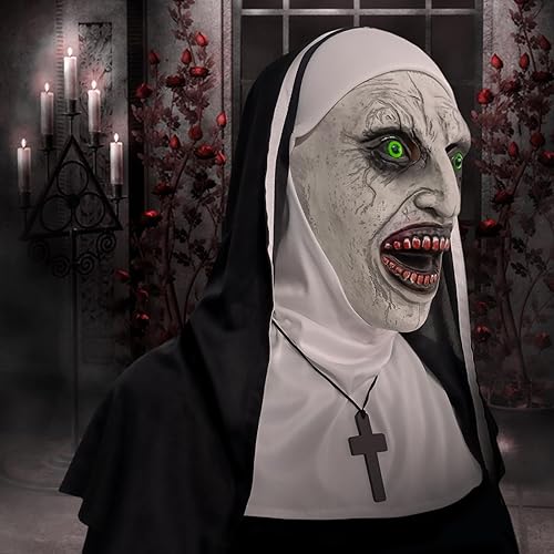 Miniatura 10 de KamdFoen Máscara de látex aterradora de monja de terror para fiesta de Halloween, disfraz de monja de terror, máscara de cosplay de cabeza completa,