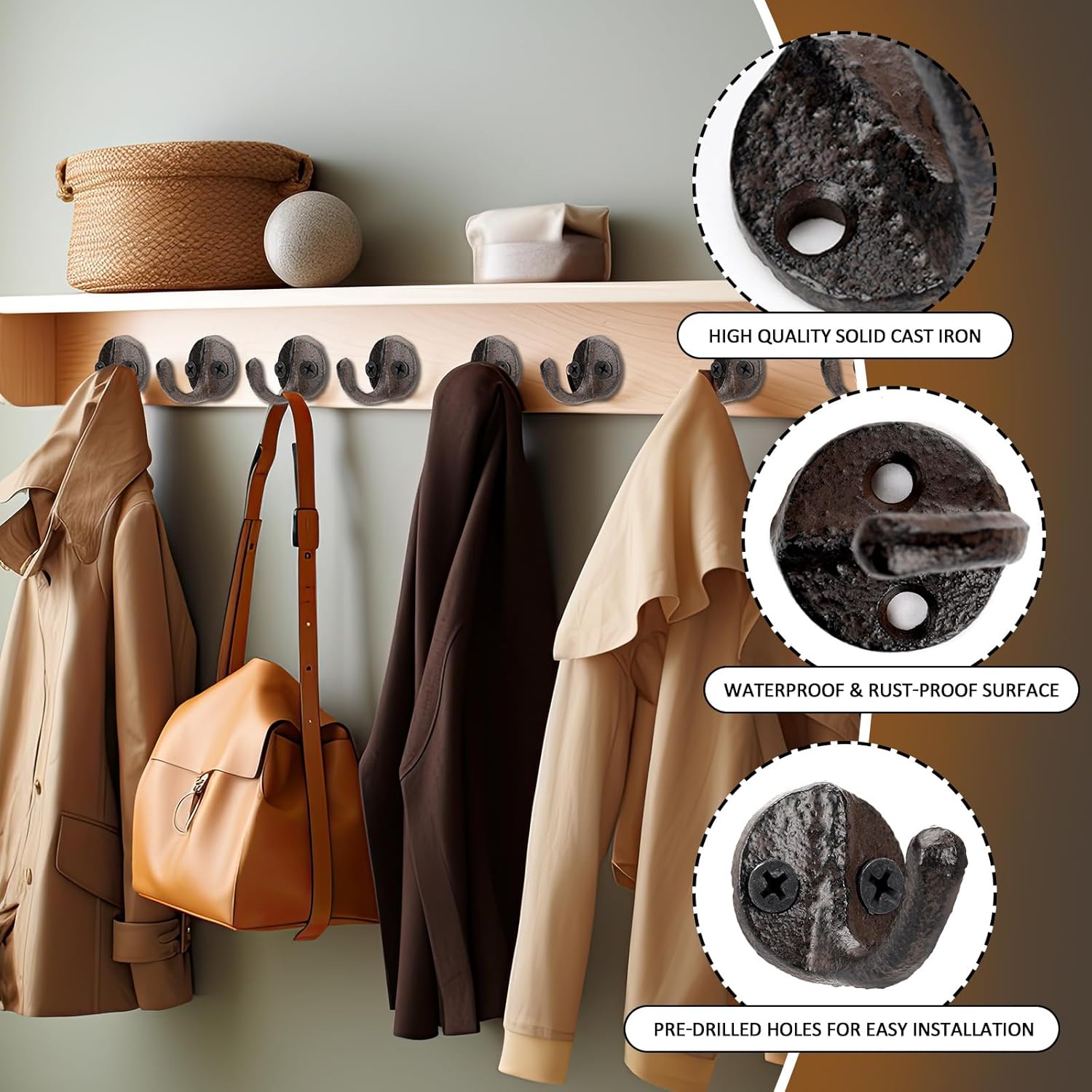 Duraaamo 12 Pcs Rustic Cast Iron Coat Hooks 1.6 x 1.1 Inch Heavy Duty Solid Cast Iron Wall Hook for Robe Door Metal Vintage Farmhouse Wall Mount Hanger with Screw for Hanging Towel Hat Bag Key(Rust)