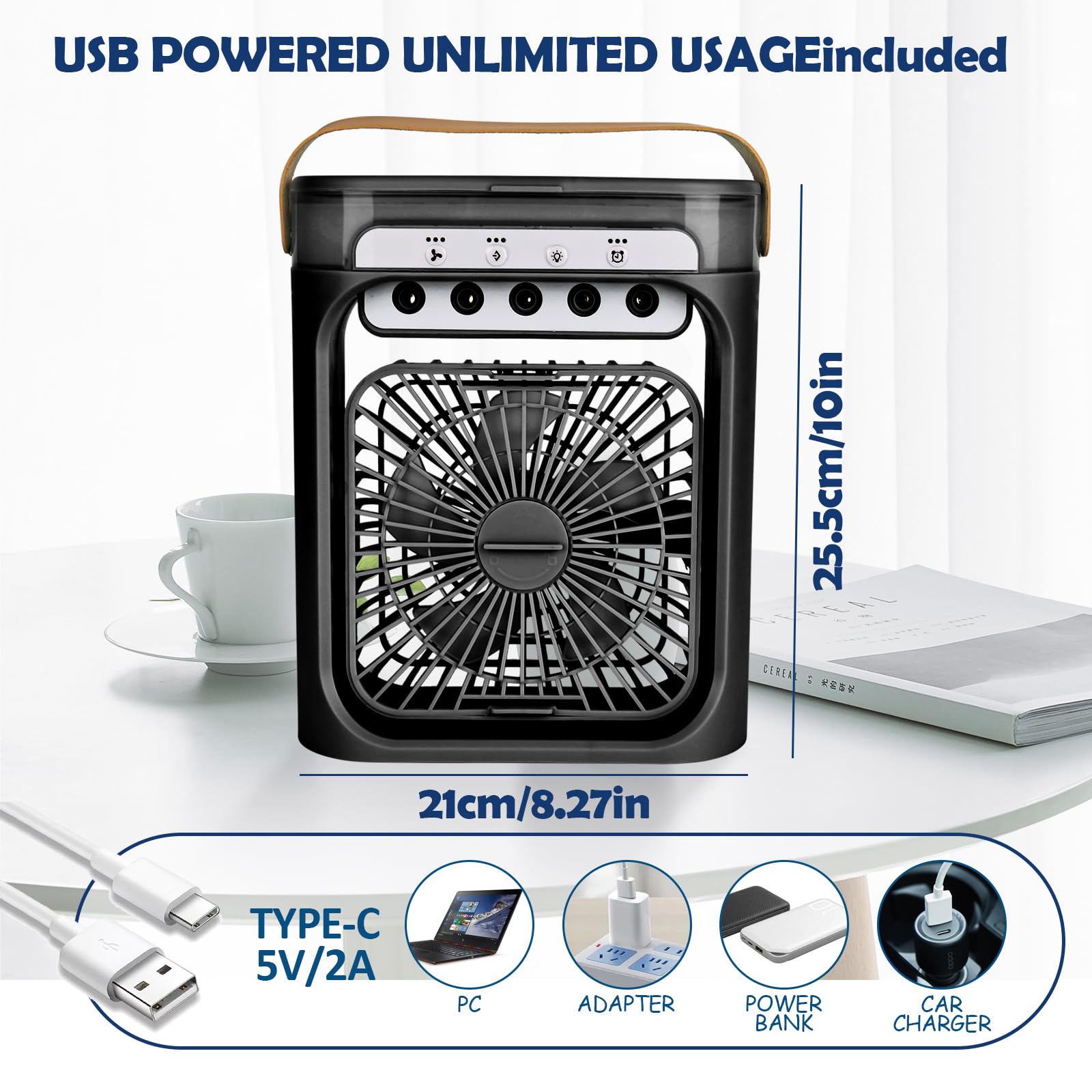 Mini Aire Acondicionado Portatil 4 en 1 Enfriador de Aire Pequeño con 600 ml Tanque, 3 Velocidades, 3 Nebulización, 2-6H Cronometrado, 6 LED Ventilador Refrigerador para Dormitorio Oficina