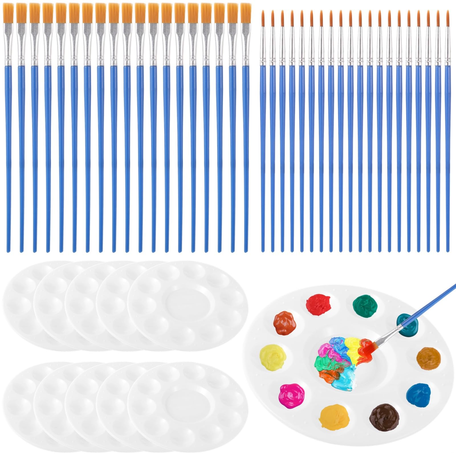 Suministros de pintura acrílica para pintura al óleo y acuarela, juego de 150 pinceles de pintura, 50 bandejas redondas y 100 pinceles de pintura de nailon