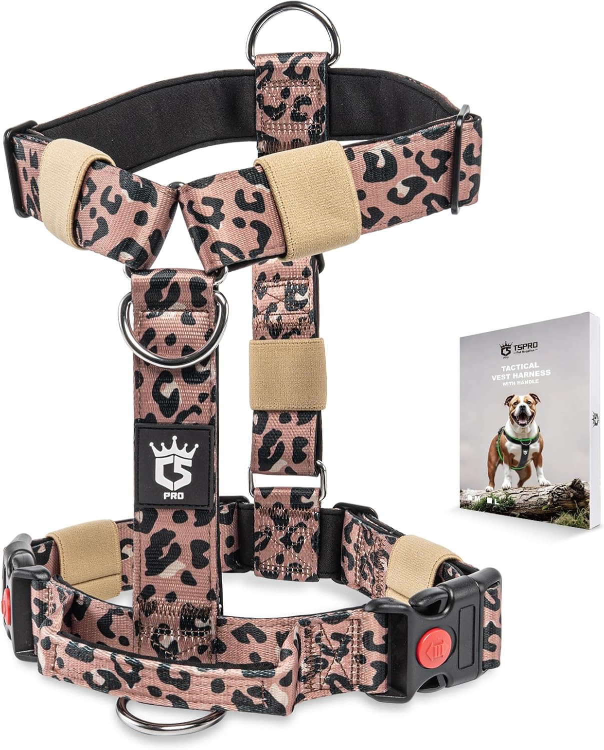 TSPRO Heavy Duty Premium Tactical Dog Harness for Large Dogs, No Pull, Adjustable Fit, Quick-Release Buckle, Padded Handle, Perfect for Hiking, Walking, Running & Training (Leopard Print L 25)