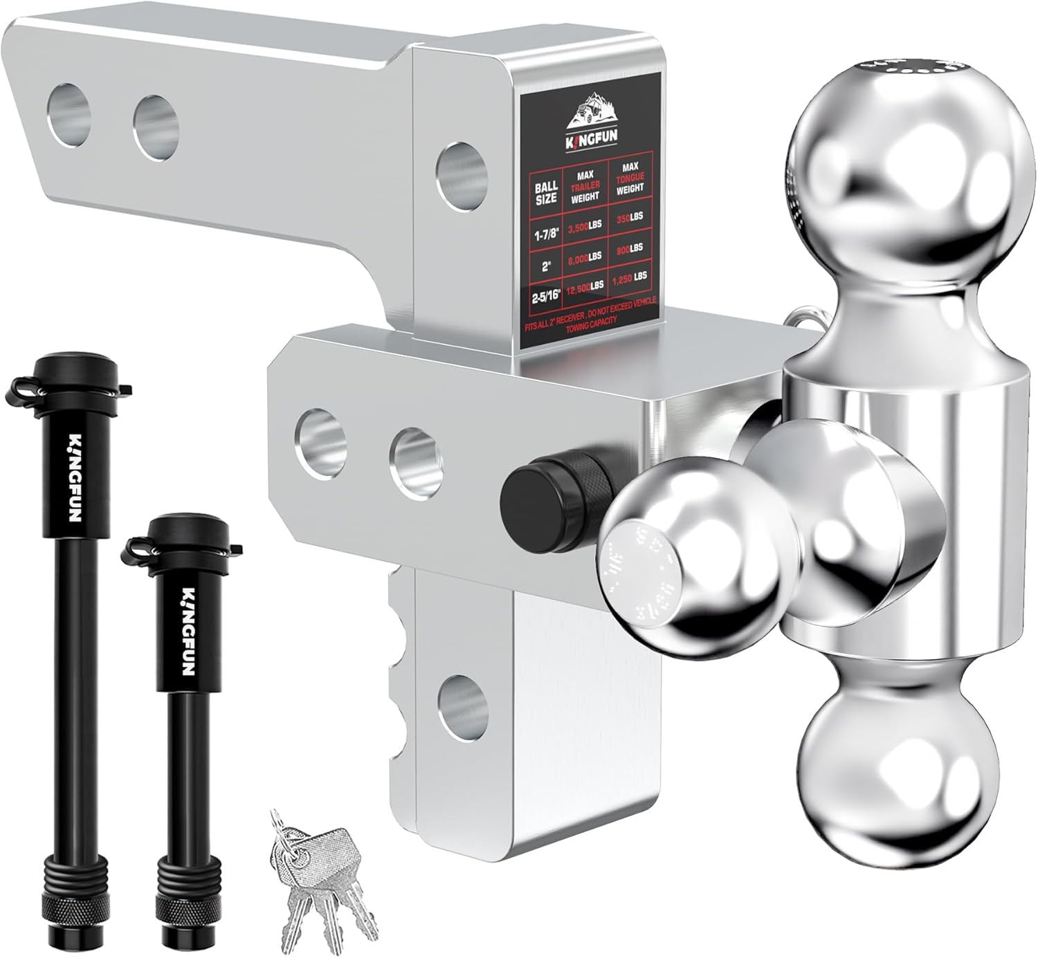 Kingfun Adjustable Trailer Hitch - Drop Hitch Fits 2 Inch Receiver, Tri Ball (1-7/8", 2", 2-5/16") 6 Inch Drop/Rise, 12500 LBS GTW Aluminum Heavy Duty Tow Hitch with Anti-Theft Pin - (Silver)