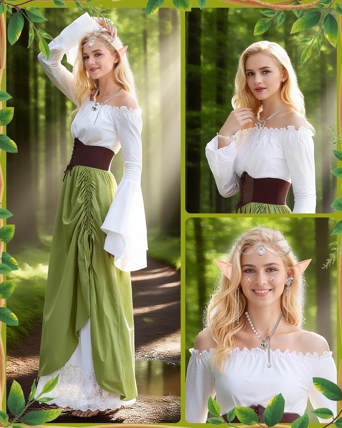 Vestido Medieval para Mujer, Vestido Renacentista con Collar de Orejas de Elfo, Cinturón, Ropa Gótico Vintage Carnaval Halloween Cosplay, Retro con Hombros Descubiertos Fiestas de Princesas