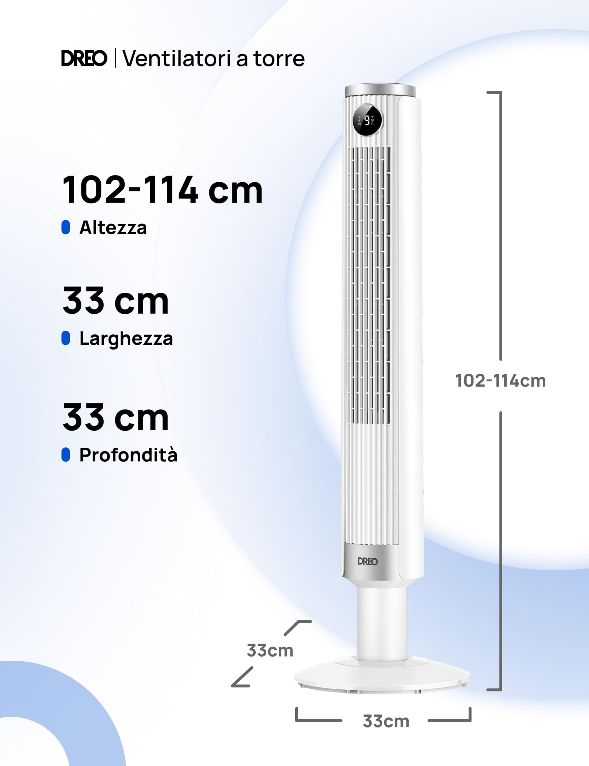 DREO Ventilatore a Torre Smart 554S, Ventilatore a Torre Regolabile 102–114cm per Camera, 8.4 m/s, Oscillazione 90°, Silenzioso 20 dB Dormire, 9 Velocità, 4 Modalità, Timer 12 h per Casa e Ufficio