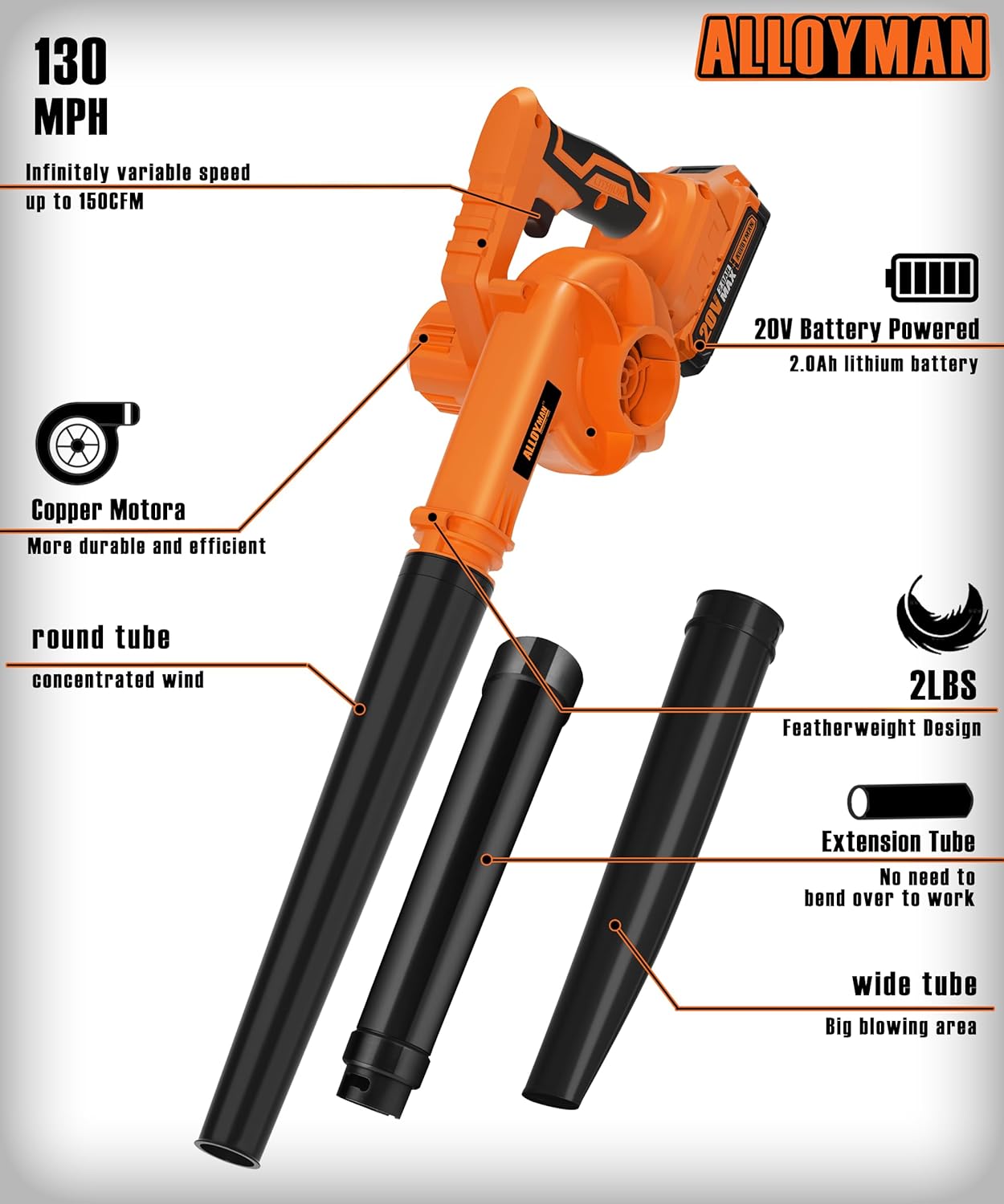 Alloyman Leaf Blower, 20V Cordless Leaf Blower, Leaf Blower Cordless with 2.0Ah Battery and Charger, Electric Leaf Blower for Yard Cleaning/Snow Blowing.