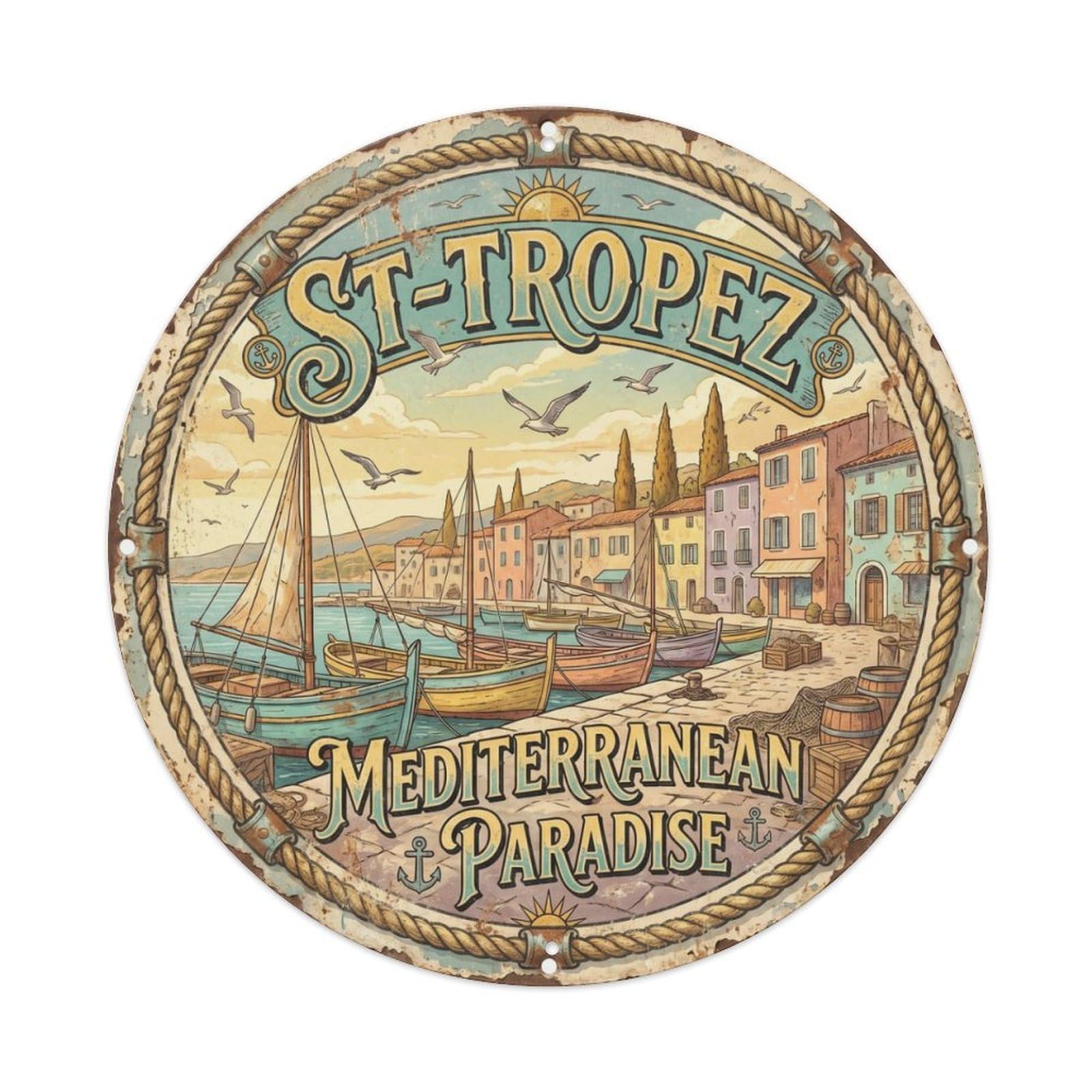 Vintage Travel Saint-Tropez Harbor Mediterranean Metal Tin Sign Plaque Wall Decor for Cafe, Club Bar, Office, Home Garden Round Metal Poster 8x8Inch