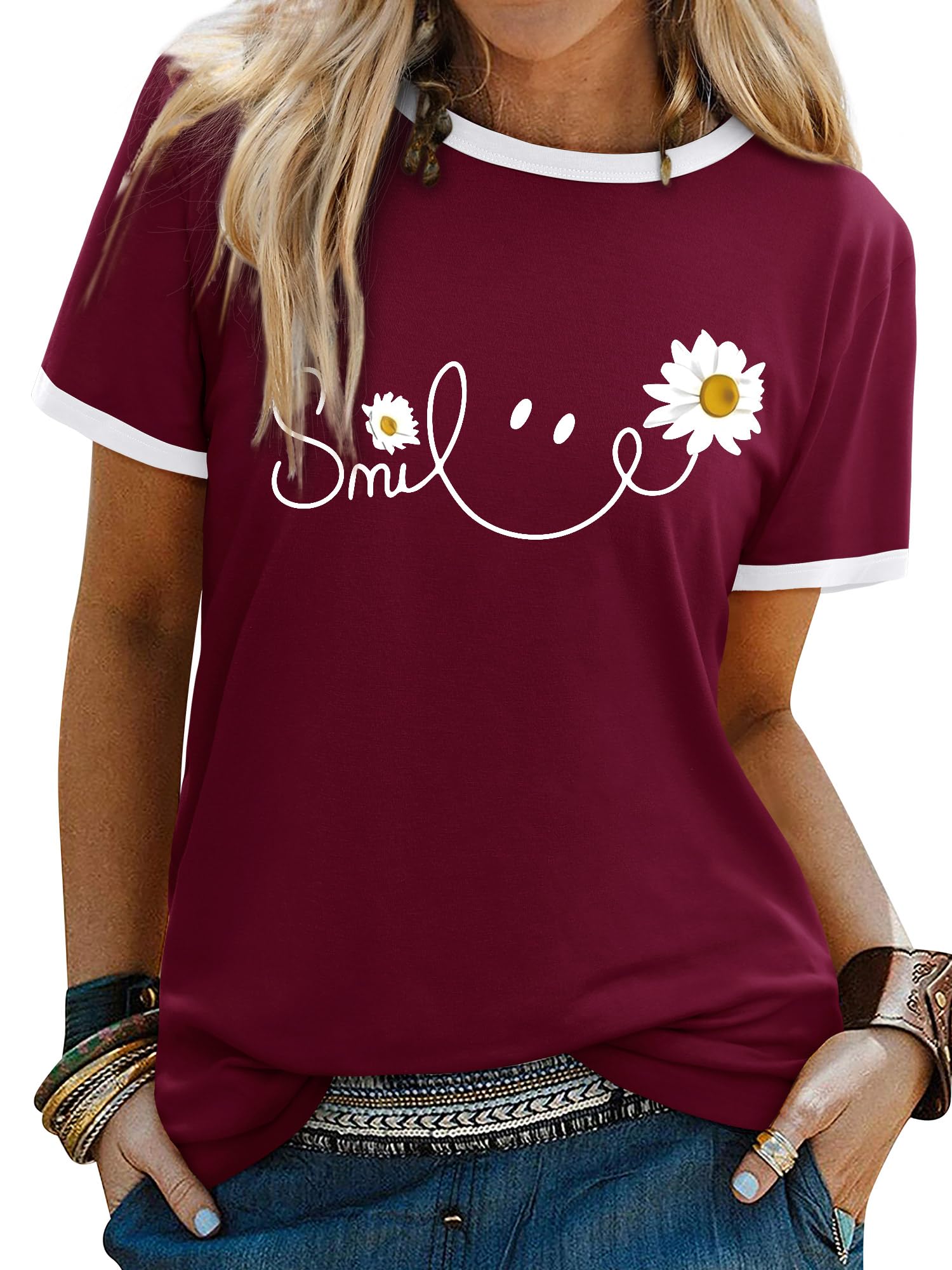 Yihelian Tshirts Frauen Rundhals Top Damen Daisy Print Kurzarm Tee Shirt Sommer Lächeln Brief Gedruckt Shirts