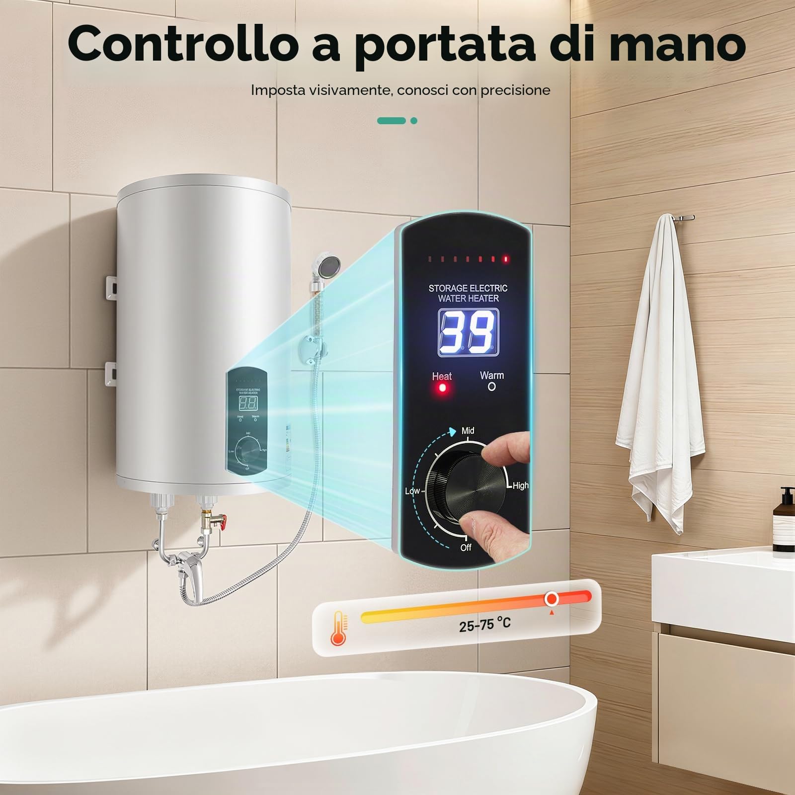 Caldaia elettrica da 30 l, 2000 W, 220 V, da appendere, a risparmio energetico, scaldabagno, contenitore smaltato, schermo LED