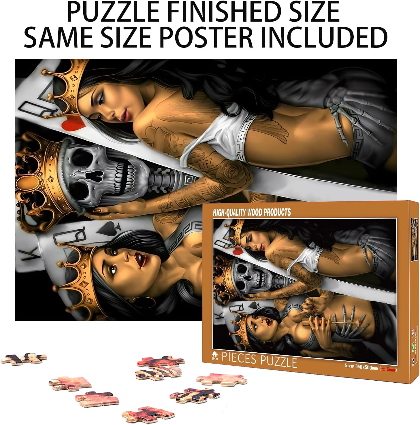 Challenge 1000 Pieces Premium Quality Wood Jigsaw for Adults,Skull King Playing Card,Brain Challenge Educational Game Relaxation Pastime Puzzle Size:29.5X19.7IN and 1:1 Original Picture Poster