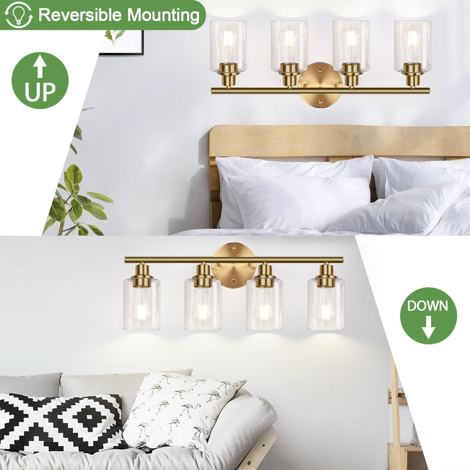4-Light Bathroom Light Fixtures, Brushed Gold Modern Vanity Lights Over Mirror with Clear Glass Shade, Bathroom Wall Lamp for Mirror Kitchen Living Room Hallway Cabinet Porch Bedroom Reading room