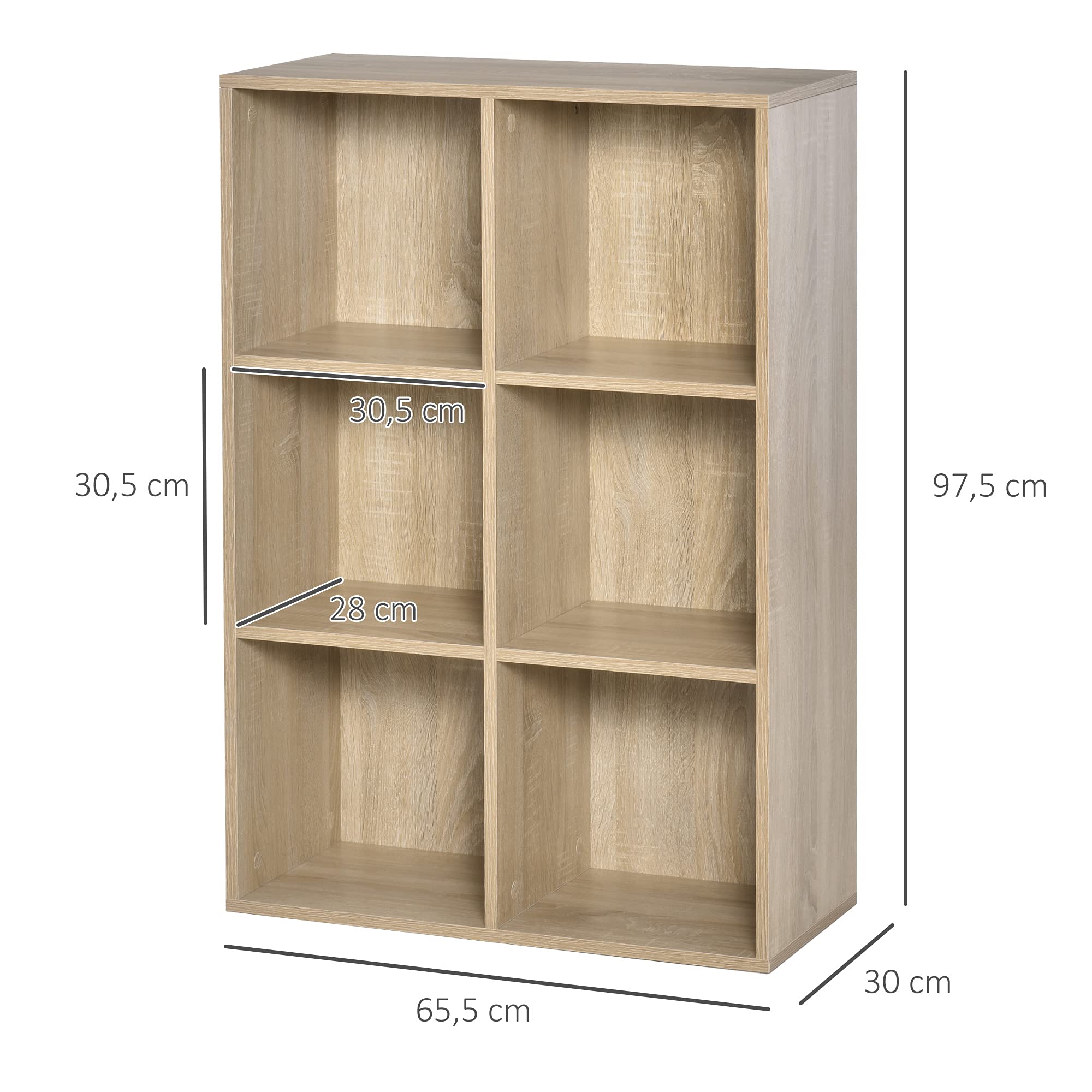 HOMCOM Librería de 3 Niveles, Estantería para Libros con 6 Cubos de Almacenaje, para Sala de Estar, Dormitorio, Estudio, Oficina, 65,5x30x97,5 cm, Roble