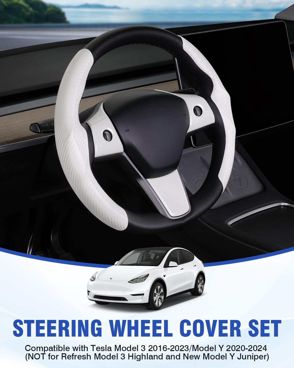Canvcle Steering Wheel Cover for 2016-2023 Telsa Model 3/2020-2024 Model Y Accessories Carbon Fiber Steering Wheel Cover Protector Anti-Slip, Comfortable, Breathable, Model 3/Y Accessories, White 5PCS