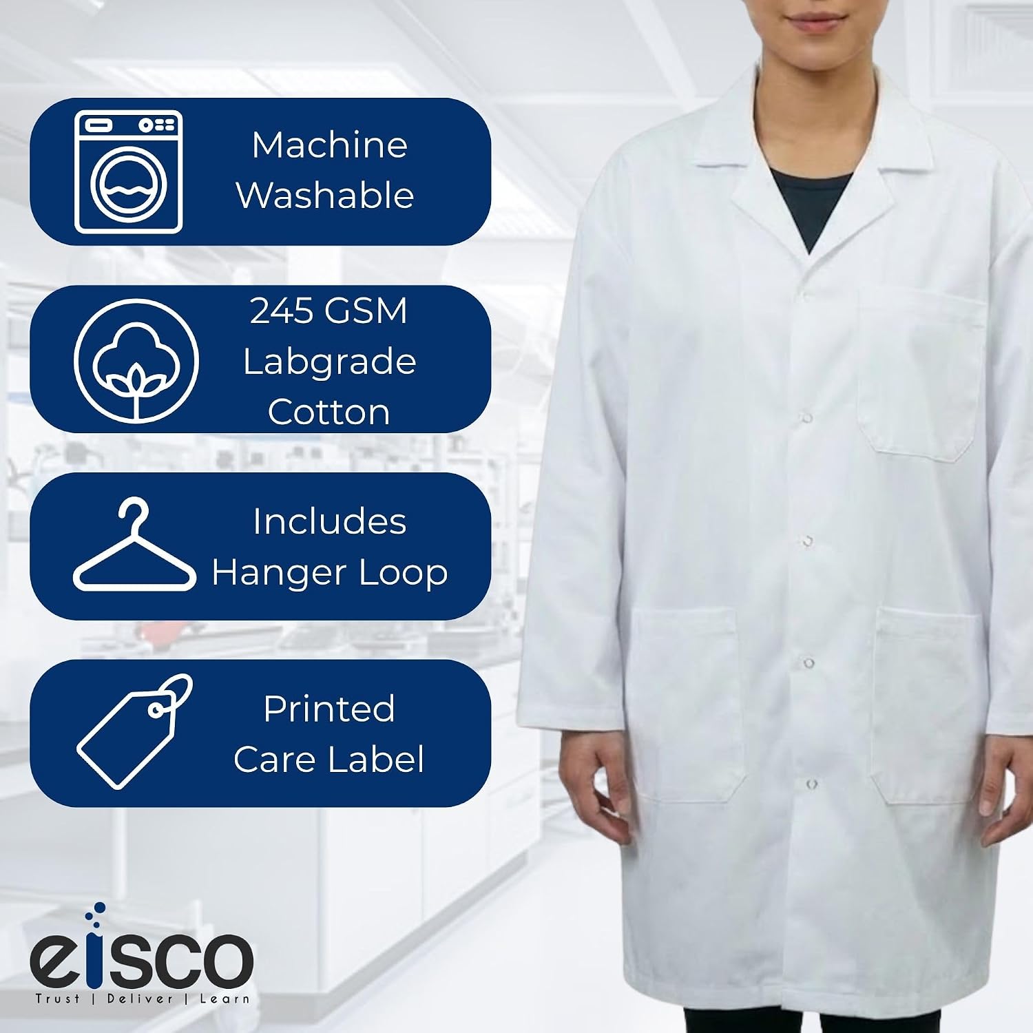 EISCO Adult XL Professional Grade Poly-Cotton Lab Coat – Durable Snap Front Laboratory Coat, 3 Pockets, Machine Washable, White