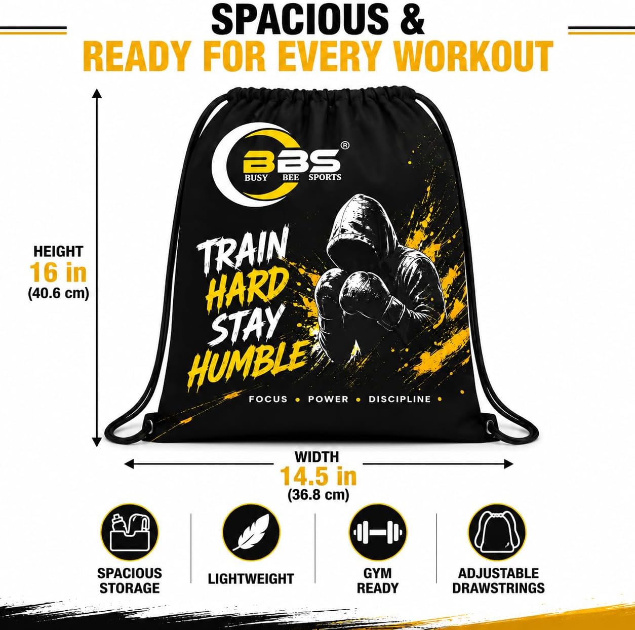Busy Bee Sports Drawstring Gym Backpack Bag Black/Gold 14.5" × 16"