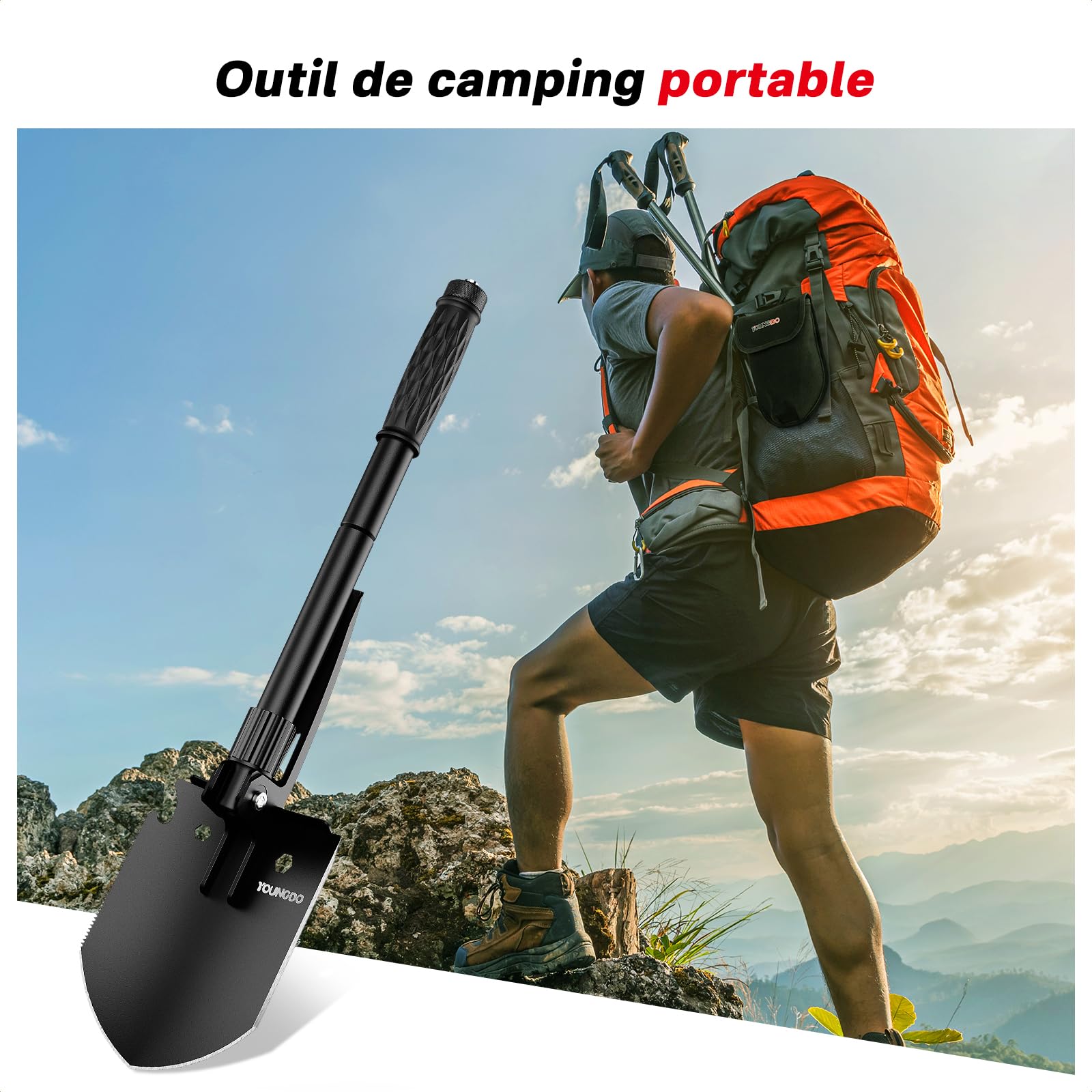YOUNGDO Pelle Multifonction, Pelle Pliante 10 Fonctions, Pelle Pliante Multifonctionnelle pour Couper Branches, Camping, Survie, Randonnée et Jardinage (Pelle Pliable+ 2 Poignées)