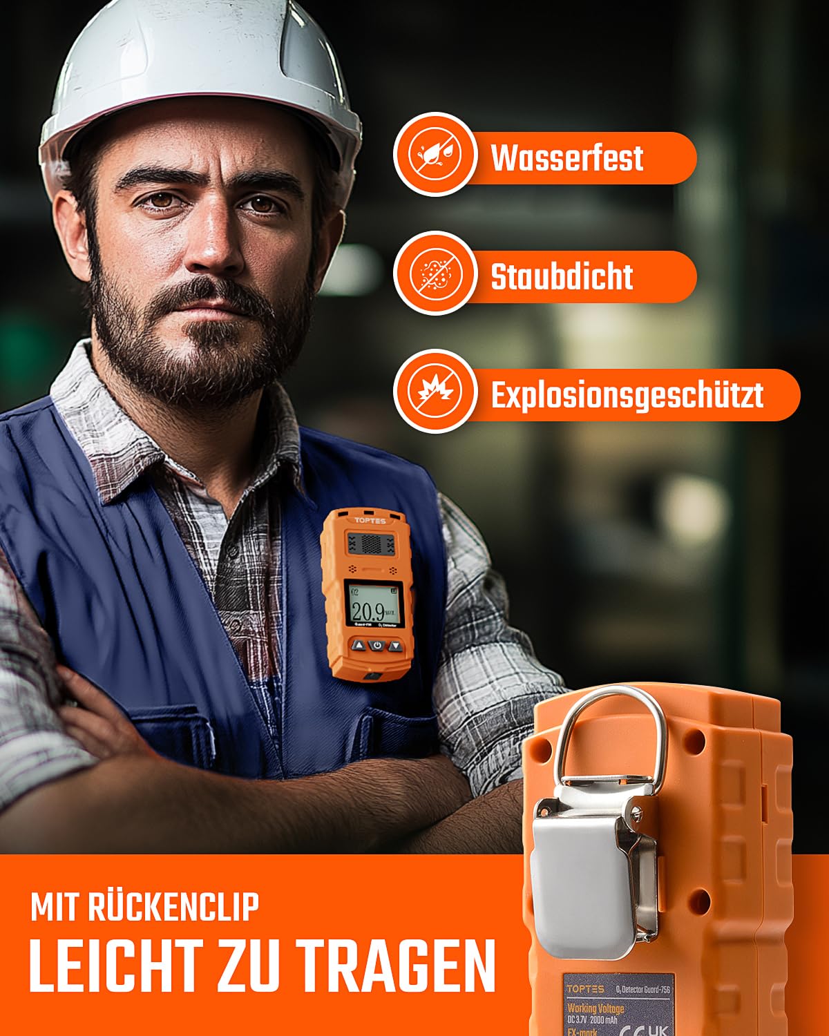 TopTes Guard-756 Sauerstoffdetektor, 0-30% VOL, Tragbarer O2-Monitor, 0,5 s Reaktion, Wiederaufladbar, mit Vibrations-, Licht- & Tonalarmen, Staub- und Explosionsgeschützt, für Arbeit und Zuhause