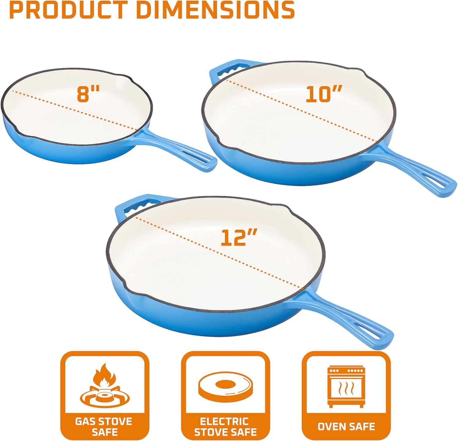 Bruntmor Enameled Cast Iron Frying Pan Set - 8" 10" 12" Blue Enamel Nonstick Skillets with Tempered Glass Lid - Oven Safe Egg and Grill Pan Set for Cooking, Searing, and Frying