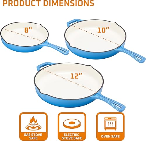 Miniatura 3 de Bruntmor Juego de sartenes de hierro fundido pre-sazonadas, 8, 10, 12 pulgadas, sartenes antiadherentes de esmalte azul con tapa de vidrio templado,
