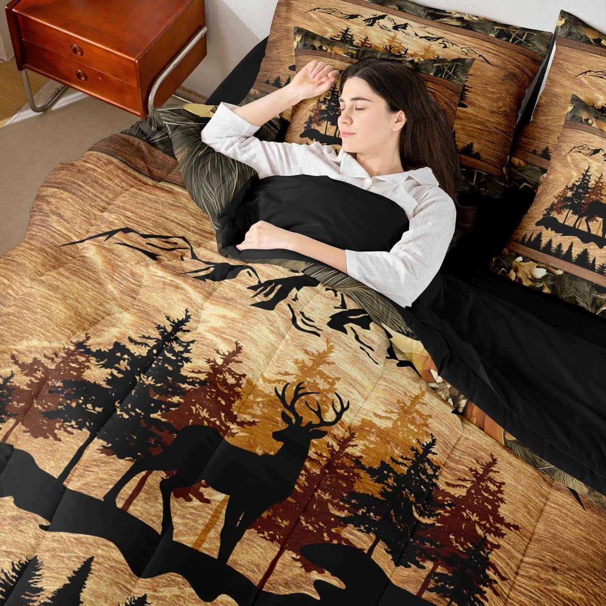 7 Pcs Deer Cabin Bedding Set Jungle Plants Retro Wooden Stripe Comforter Set Pine Trees Wild Animals Silhouette Bed in a Bag with Comforter,Flat&Fitted Sheet,2 Pillowcases,2 Pillow Covers,Queen Size
