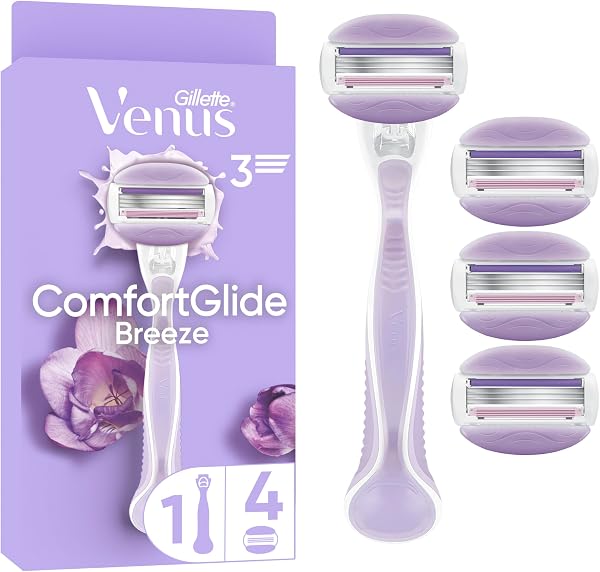 Gillette Venus Comfortglide Breeze Maquinilla de Afeitar Mujer con Recambios, 1 Mango + 4 Cuchillas de Afeitar con Barras de Gel Y Soporte para Ducha, Depilación Suave Y Duradera - 1