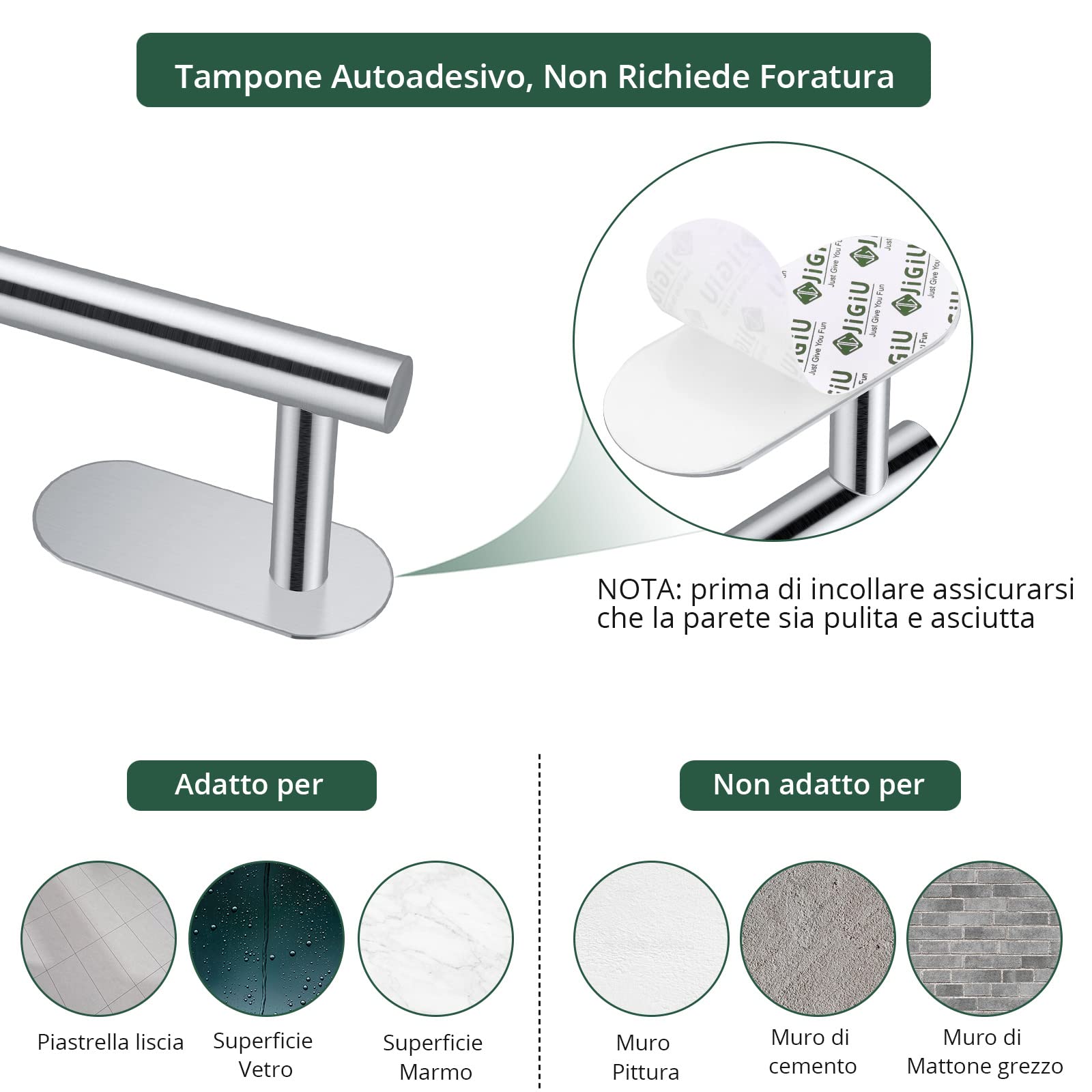 JiGiU Set Porta Asciugamani 5 Pezzi per Bagno, Cucina e Camera - Accessori in Acciaio Inox 304 con Porta Carta Igienica e 3 Ganci Adesivi, Design Moderno Senza Trapano (40cm, Grigio Spazzolato)