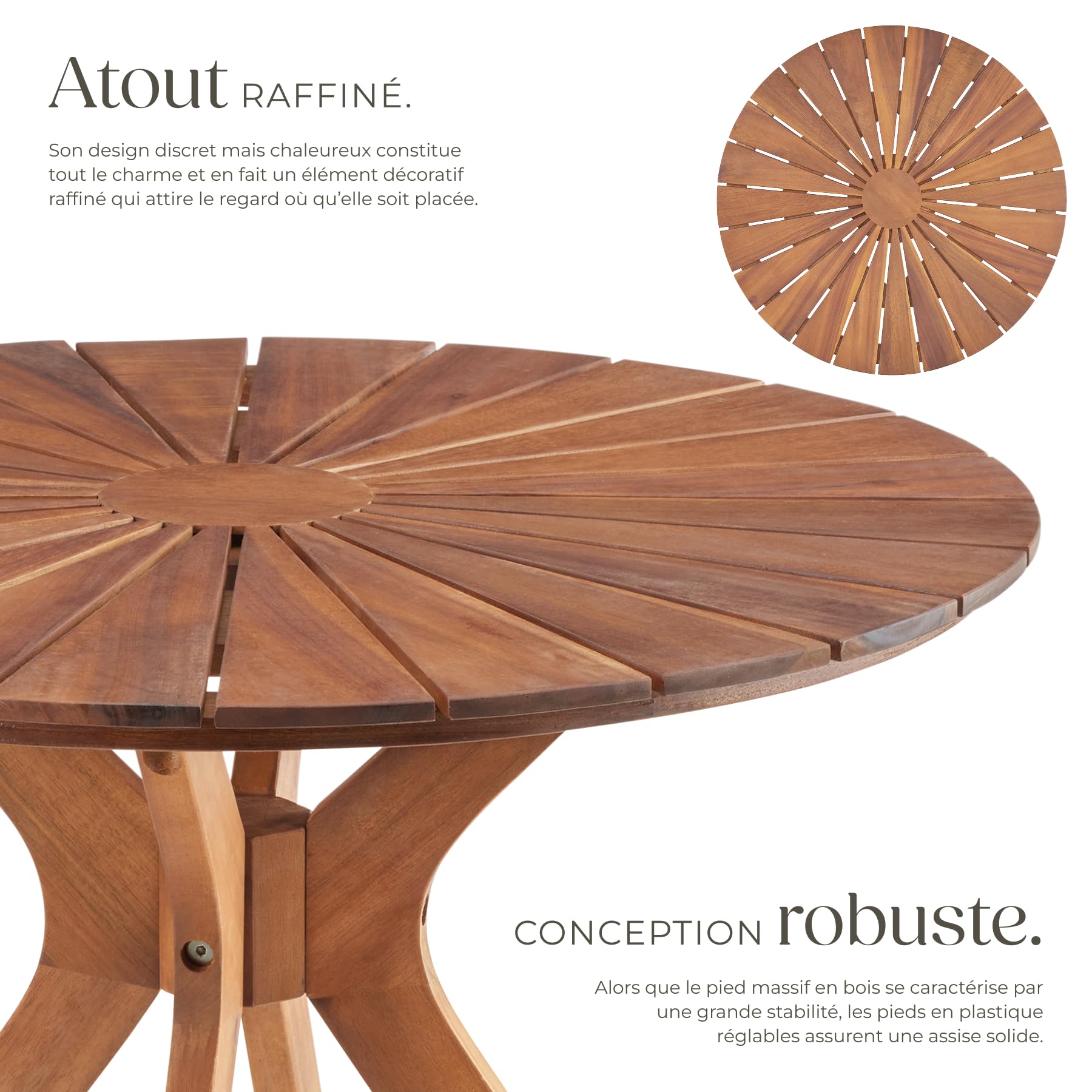 tectake® Table de Jardin Ronde Ø70 x 62 cm, Résistante aux intempéries, Table extérieure en Bois d'acacia, Plateau en Forme de Soleil, Piètement en X, Pieds réglables en Hauteur, Mobilier de Jardin