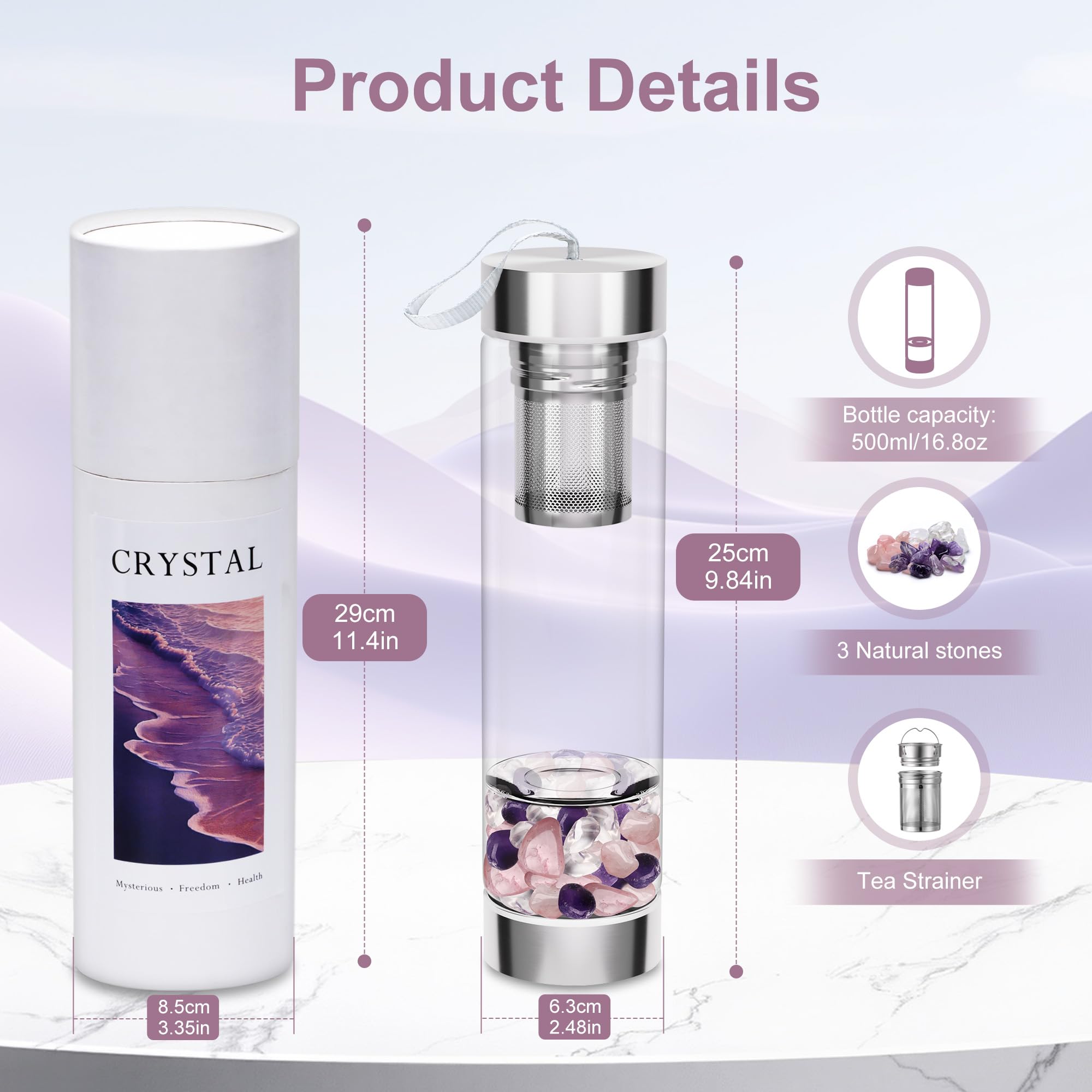 Bouteille d'eau en cristal avec infuseur à thé en cristal et cristaux de quartz rose amovibles, pierres précieuses réutilisables, 500 ml