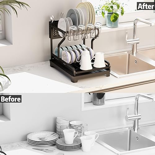Miniatura 5 de HORIAMIT Escurridor de platos para encimera, estante grande de 2 niveles a prueba de óxido con escurridor, soporte de vidrio, soporte para utensilios