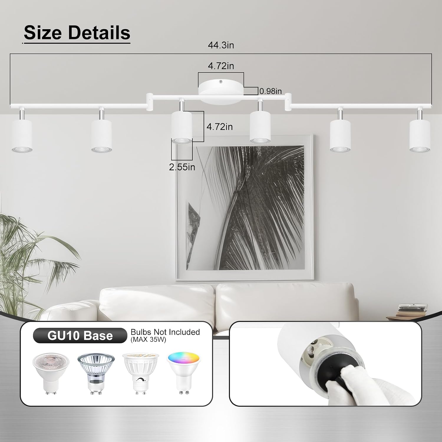 AUQUEE 6 Light Track Lighting Fixtures Ceiling, Matte White Kichen Track Lighting Fixtures with Rotatable Light Heads, Foldable Lamp Arms, Modern LED Track Lights for Kitchen/Hallway, No GU10 Bulb