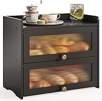 JANSNIMEN Large Double Layer Wooden Bread Box with Window - Vintage Farmhouse Kitchen Countertop Storage for Bread & Pastries (Black)