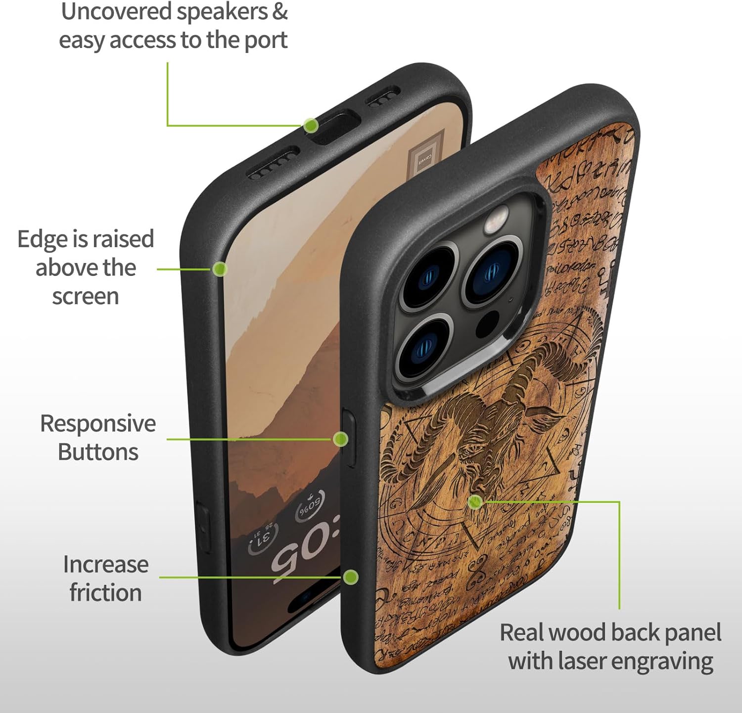 Carveit Magnetic Wooden Case for iPhone 15 Pro Max Case, Compatible with MagSafe Wireless Chargers, Black Soft TPU Shockproof Cover & Wood Artisan Engraved (Horned Goat) - Walnut