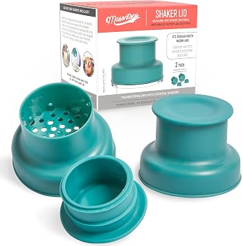 Masontops Cocktail Shaker Lids Compatible with any Regular Mouth Mason Jar 2-Pack with 1oz Jigger Caps - Teal
