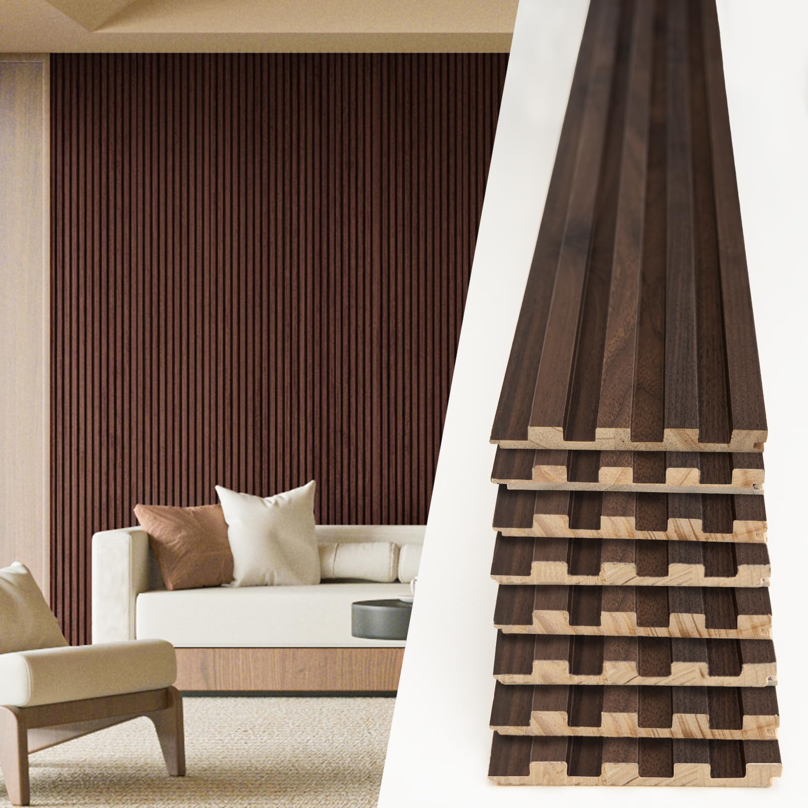 Art3d 108 x 5.7 Inch Slat Wood Wall Paneling for Interior Decor, Walnut