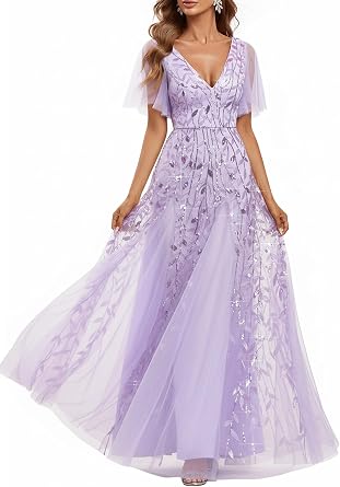 Ever-Pretty Womens Sequin Formal Dresses Evening Gown Sparkly V-Neck Short Sleeve Floor Length Mother of The Bride Dress 736