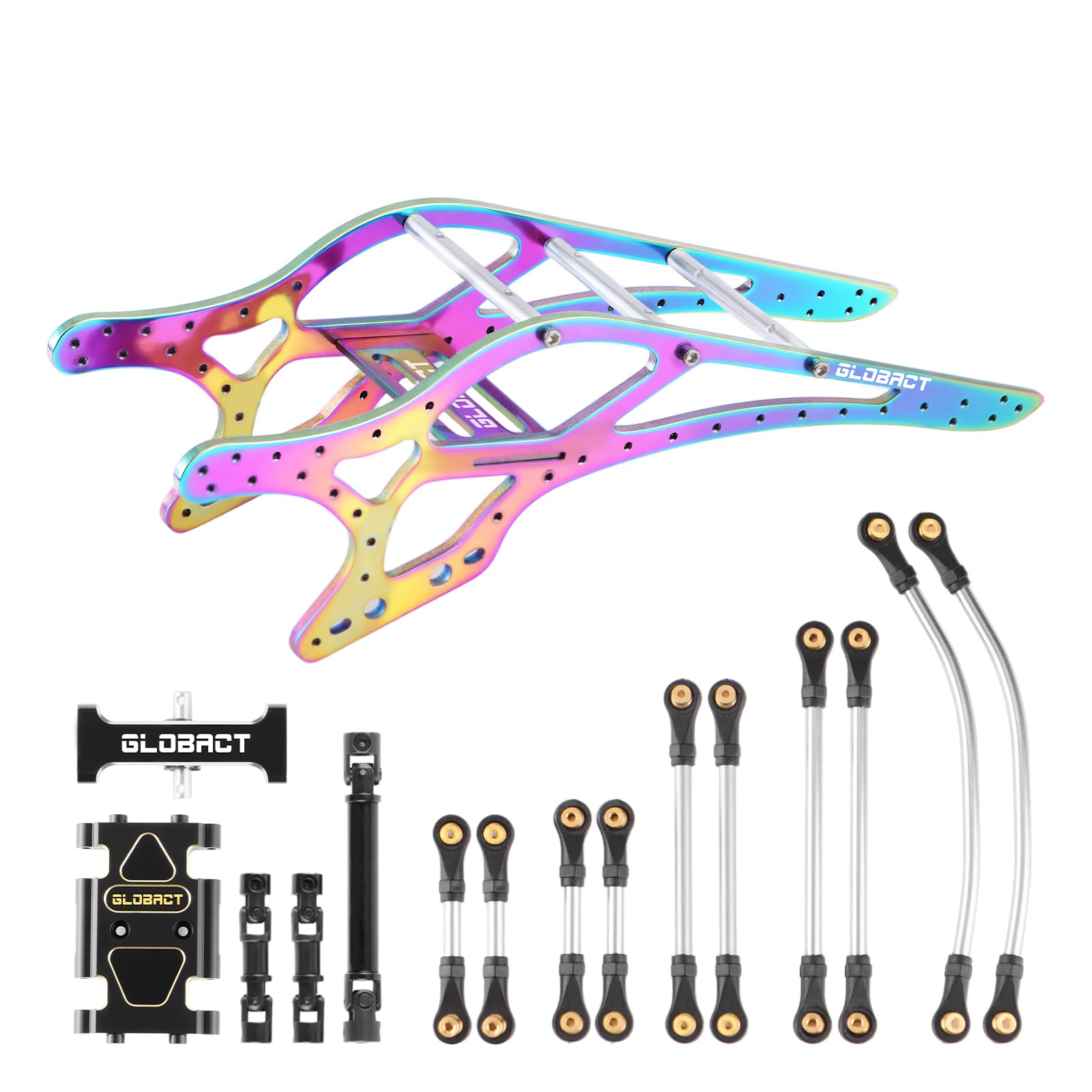 GLOBACT Titanium Alloy SCX24 LCG Chassis Frame with Brass Skid Plate, Stainless Steel Driveshaft, Aluminum Links & Hanger Beam for Axial SCX24 1/24 RC Crawler Upgrade