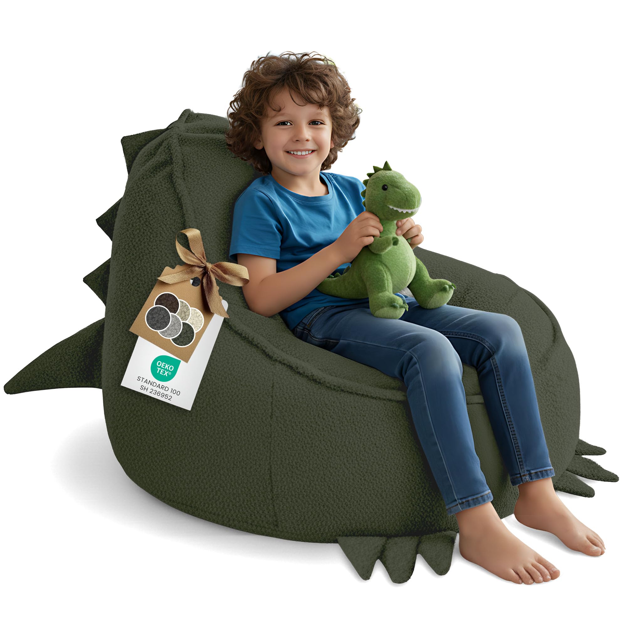 DreamRoots Sitzsack Kinder Dino Form - Kindersessel 315 g/m² Weicher Bouclé Oeko-TEX mit Schaumstoffflocken - Sessel Kinderzimmer, Waschbarer Bezug, Dunkelgrün