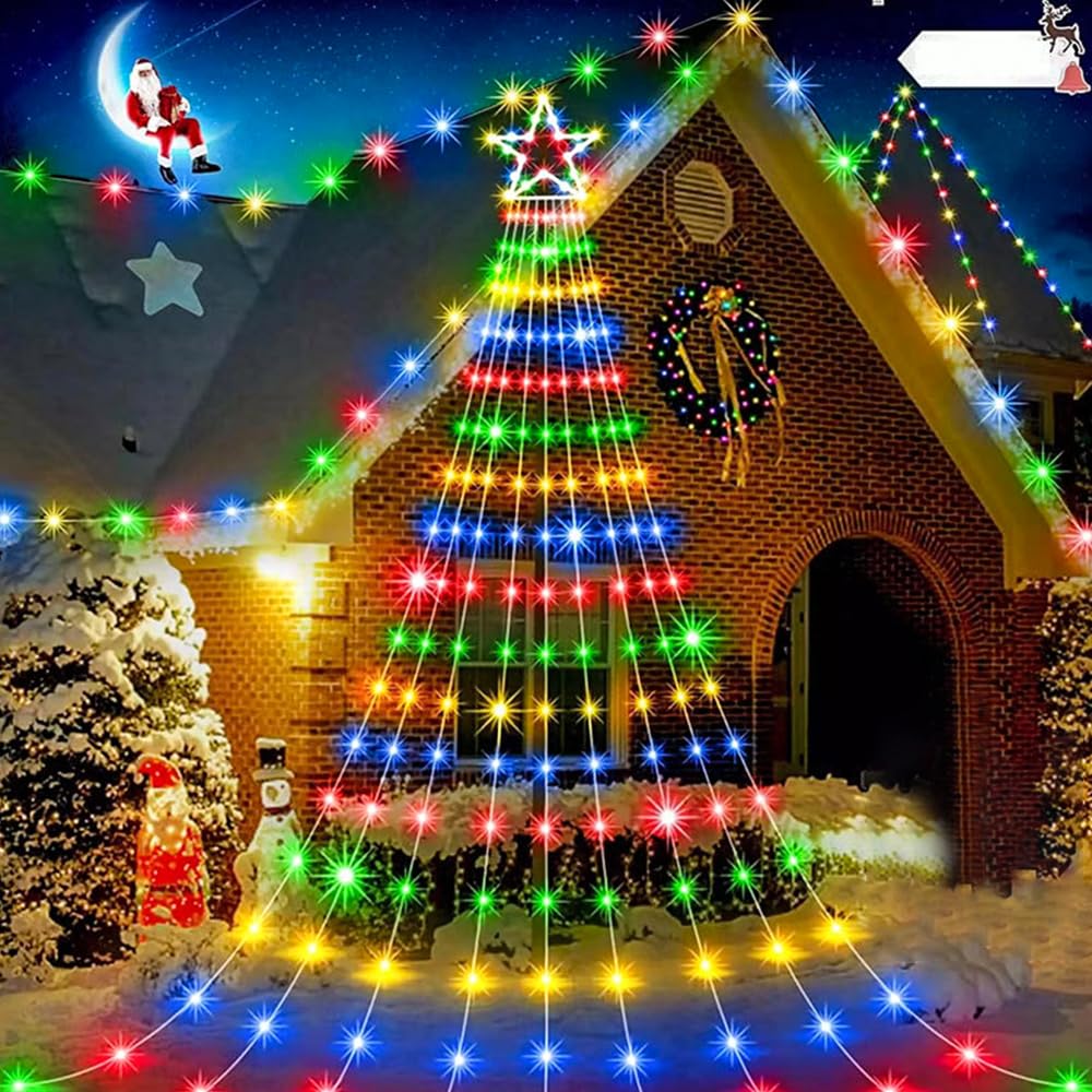 OHMG Guirlande Lumineuse Sapin de Noël avec Etoile,3.5M*9 USB Rideau Lumineux Intérieur/Extérieur,8 Modes Dimmable avec Télécommande,Etanche Guirlande LED Decoration de Mariage,Fenêtre (2)