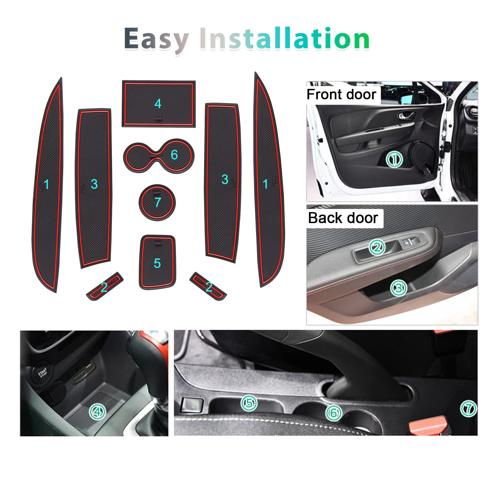 GAFAT Clio 4 2013-2019 - Tappetino antiscivolo in gomma per console centrale, bracciolo, portabicchieri, cuciture porte (rosso)